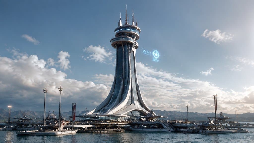 星港塔，流线型塔体，全息标识，停泊平台，硬科幻写实建筑