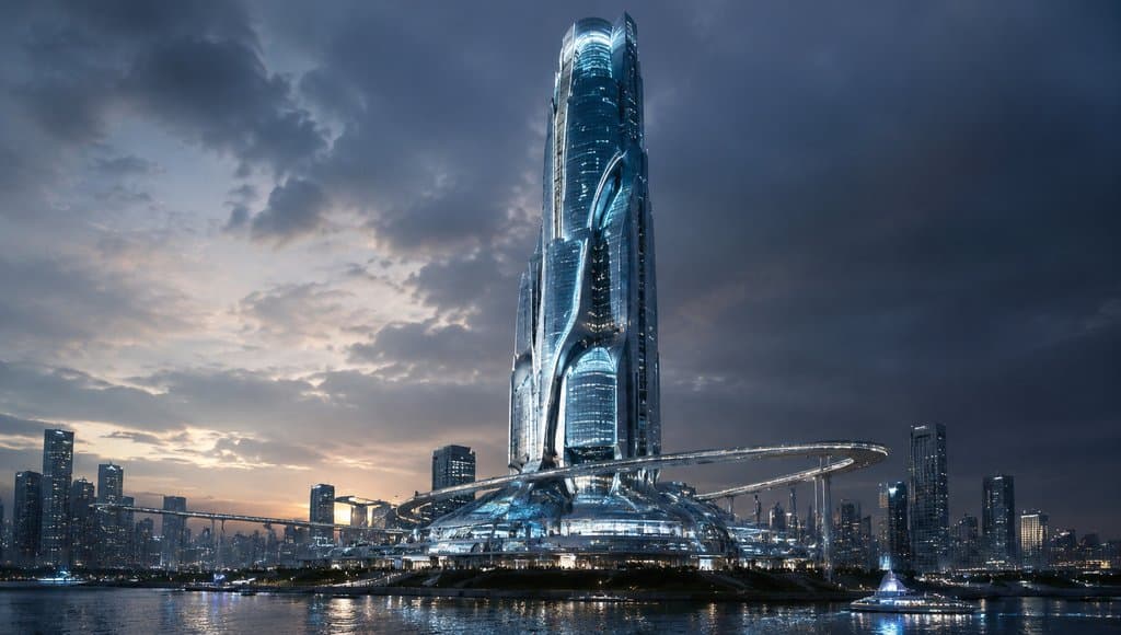 未来摩天楼，玻璃幕墙发光纹路，飞行车道环绕，硬科幻写实风格建筑