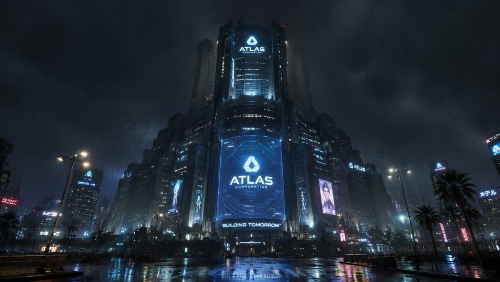 赛博朋克风格的 Atlas 公司大厦，雨夜中霓虹闪烁，全息广告点亮城市，硬科幻写实建筑