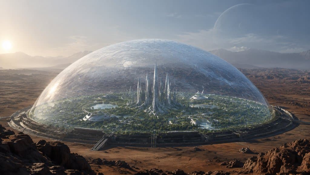 透明穹顶下的未来殖民城，绿植环绕的尖塔建筑群，外星荒漠背景，硬科幻写实风格