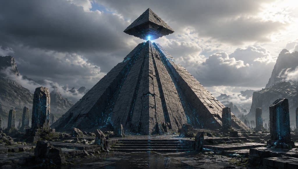 外星金字塔遗迹，悬浮顶石发光，蓝色能量裂缝，硬科幻写实风格