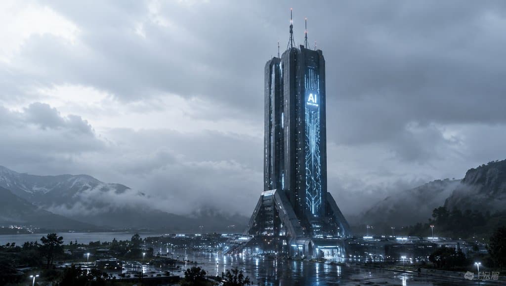 未来AI数据中心塔，发光数据纹路，天线阵列，硬科幻写实风格建筑