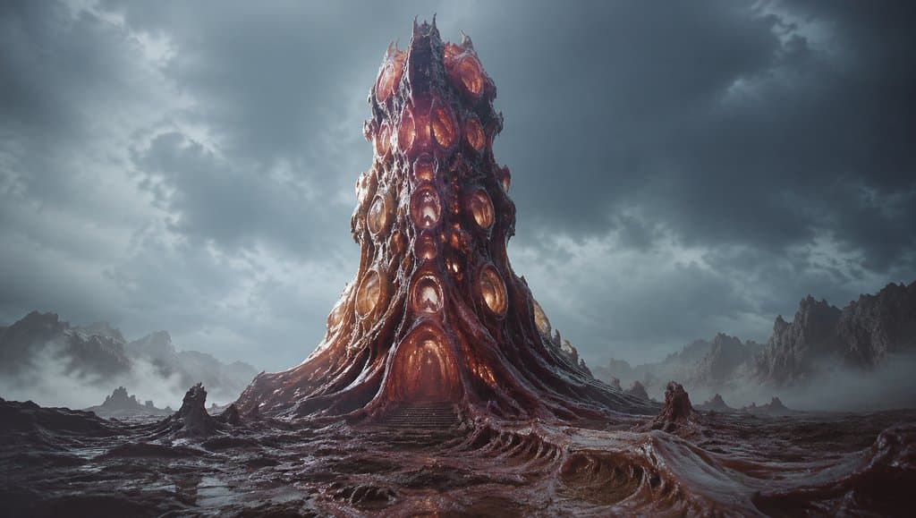 外星生物孵化塔，肉质曲线结构，发光脉络与卵囊，硬科幻写实风格