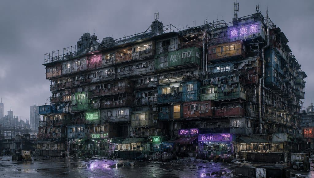 赛博朋克风格贫民窟建筑，集装箱堆叠，霓虹灯闪烁，雨夜湿漉地面反射光