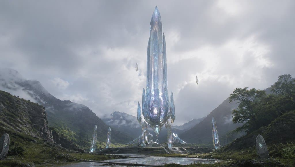外星水晶塔，透明棱柱晶体悬浮于山谷，晶光闪耀，硬科幻写实风格建筑