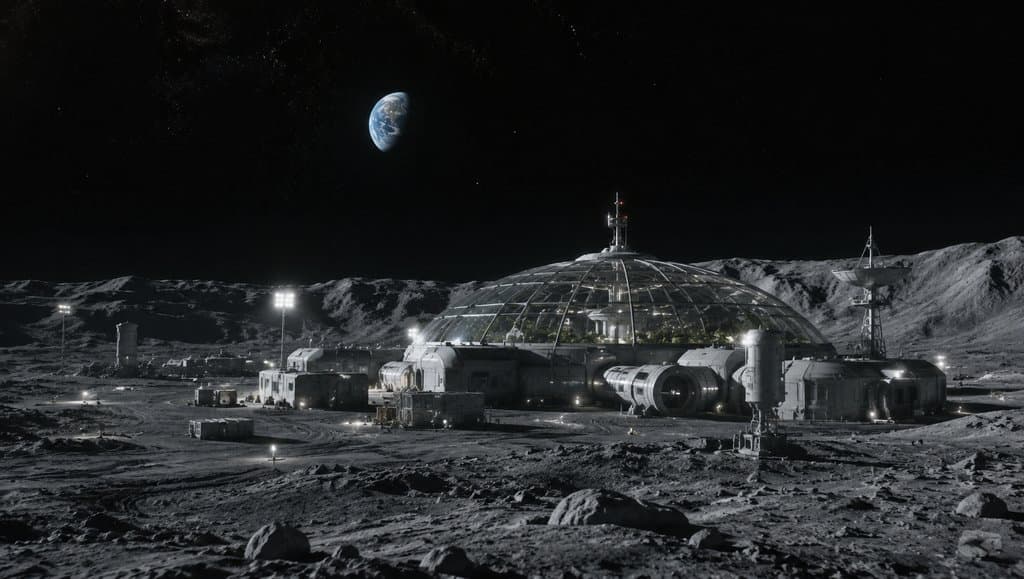 月球基地透明穹顶建筑，地球悬于夜空，硬科幻写实风格