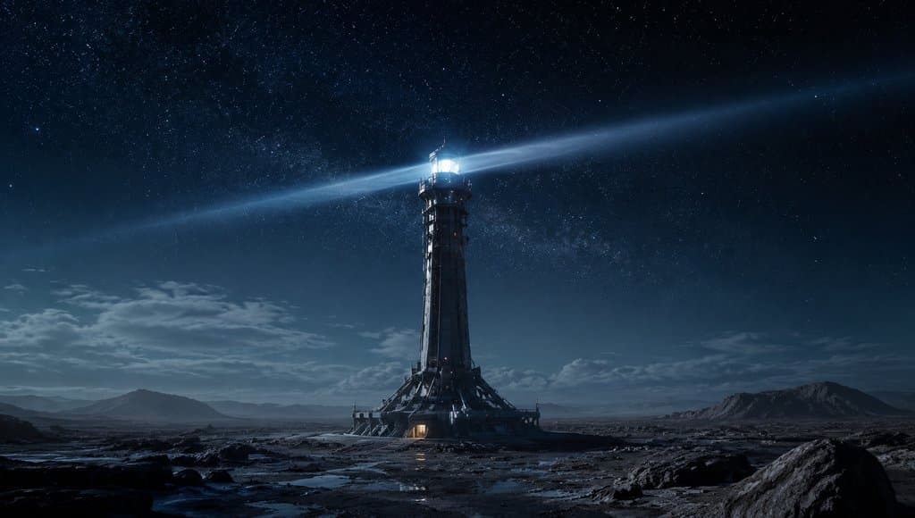 星际灯塔在星空下发出旋转光束，硬科幻风格写实建筑