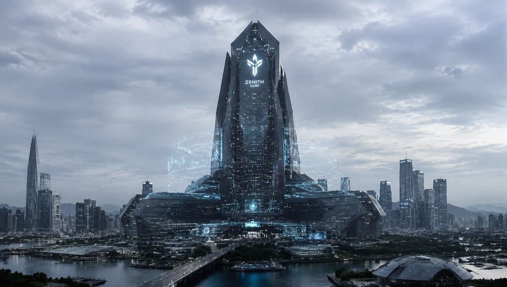 未来赛博风格企业总部，棱角玻璃幕墙建筑，发光徽标与全息投影，硬科幻写实风格