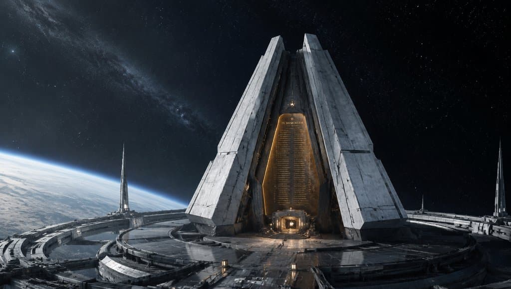 太空殡葬建筑，几何形发光碑舱，星空背景，硬科幻写实风格