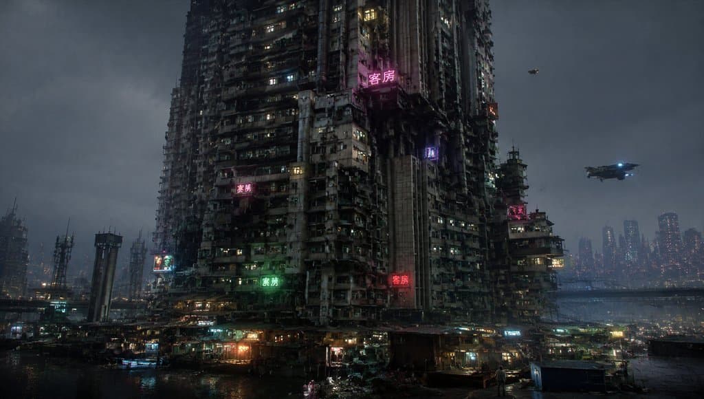 未来贫民塔楼，密集舱窗与乱接管线，霓虹灯闪烁，硬科幻写实风格建筑