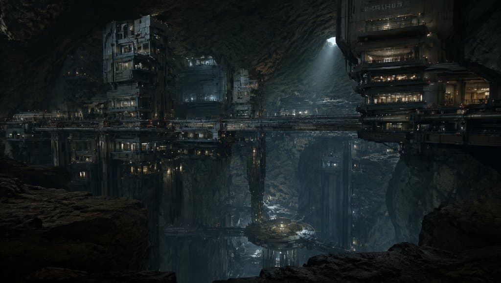 地下避难城中的悬挂楼宇与光桥，硬科幻写实风格建筑群倒映在静水中