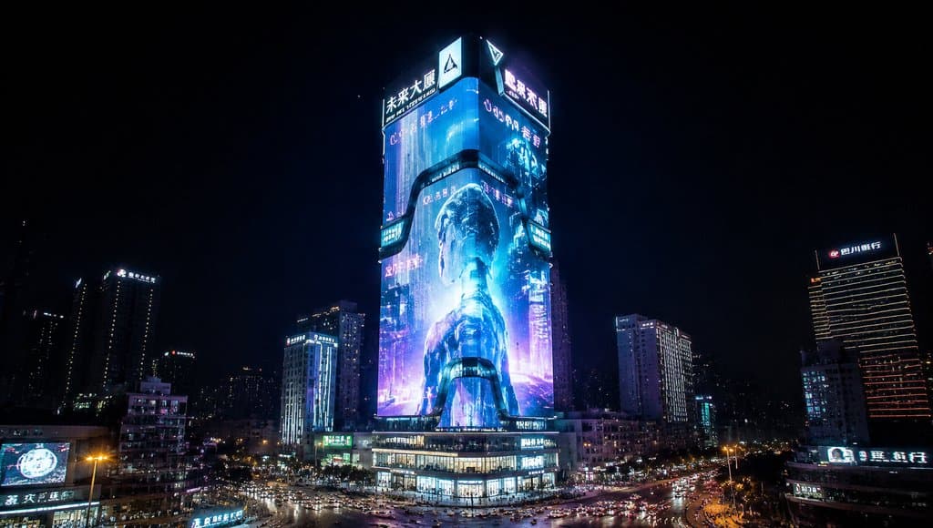 未来大厦全息广告塔，蓝色立体投影展示科幻人物，夜景车流环绕，硬科幻写实风格