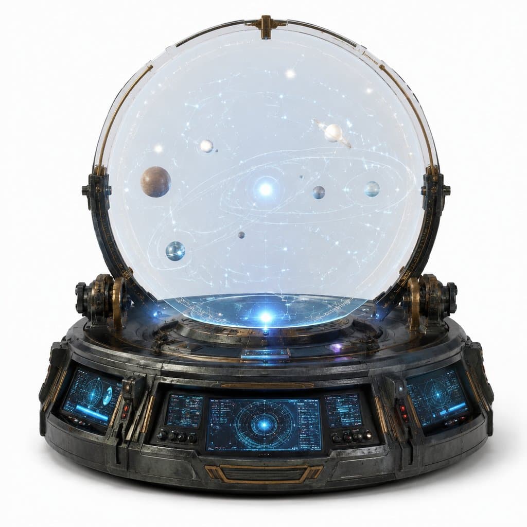 全息星图装置，透明球体中悬浮行星与星点连线，硬科幻写实风格