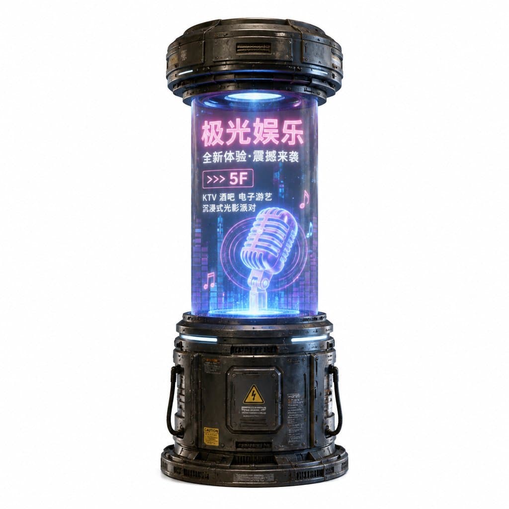全息广告投影柱，未来科技风格，发光麦克风与霓虹文字，硬科幻写实道具