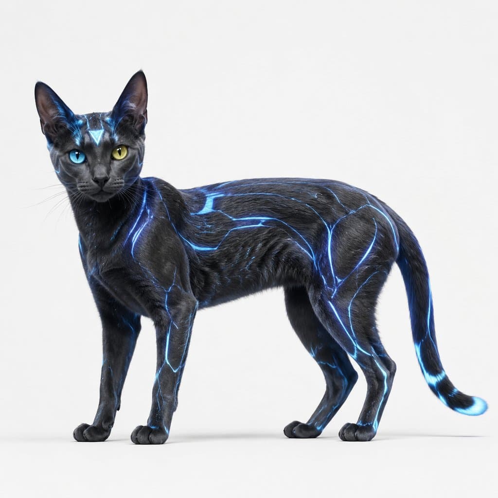 黑色基因改造猫，蓝色发光纹路，异色瞳孔，硬科幻写实风格