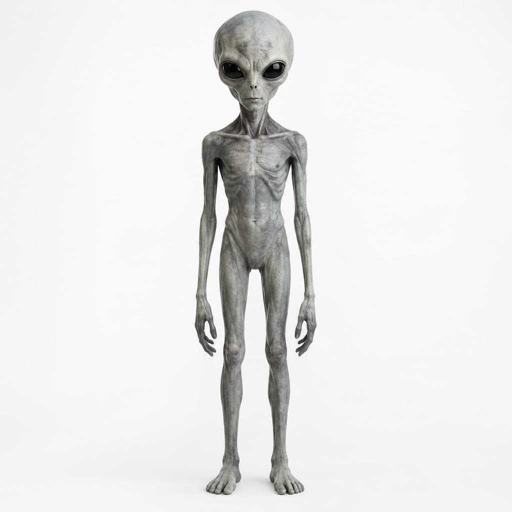 灰人外星生物，大头黑眼，纤瘦身材，写实3D风格