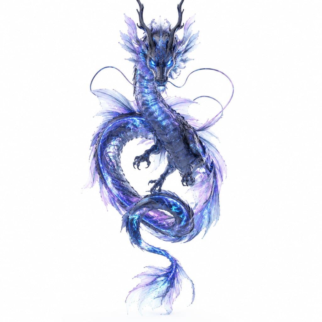 星海游龙，半透明发光长躯，星尘鳍，星光点缀，硬科幻写实风格异兽