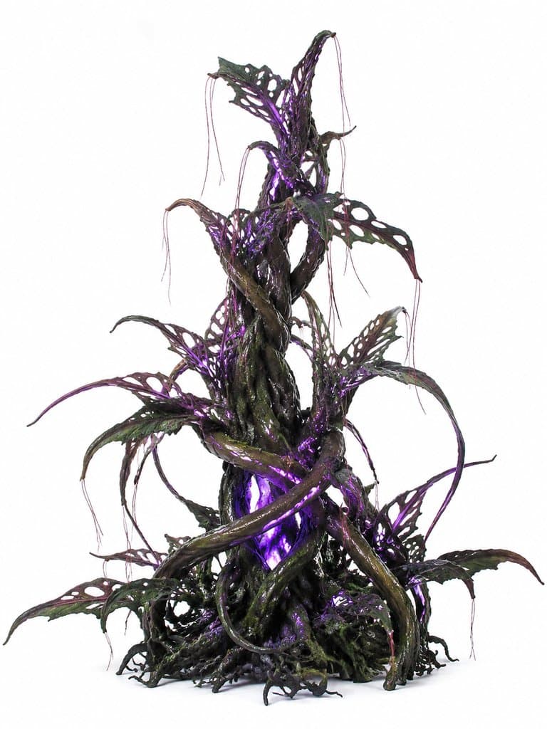 外星巨型藤蔓，发光紫色触须叶缠绕生长，硬科幻写实风格植物