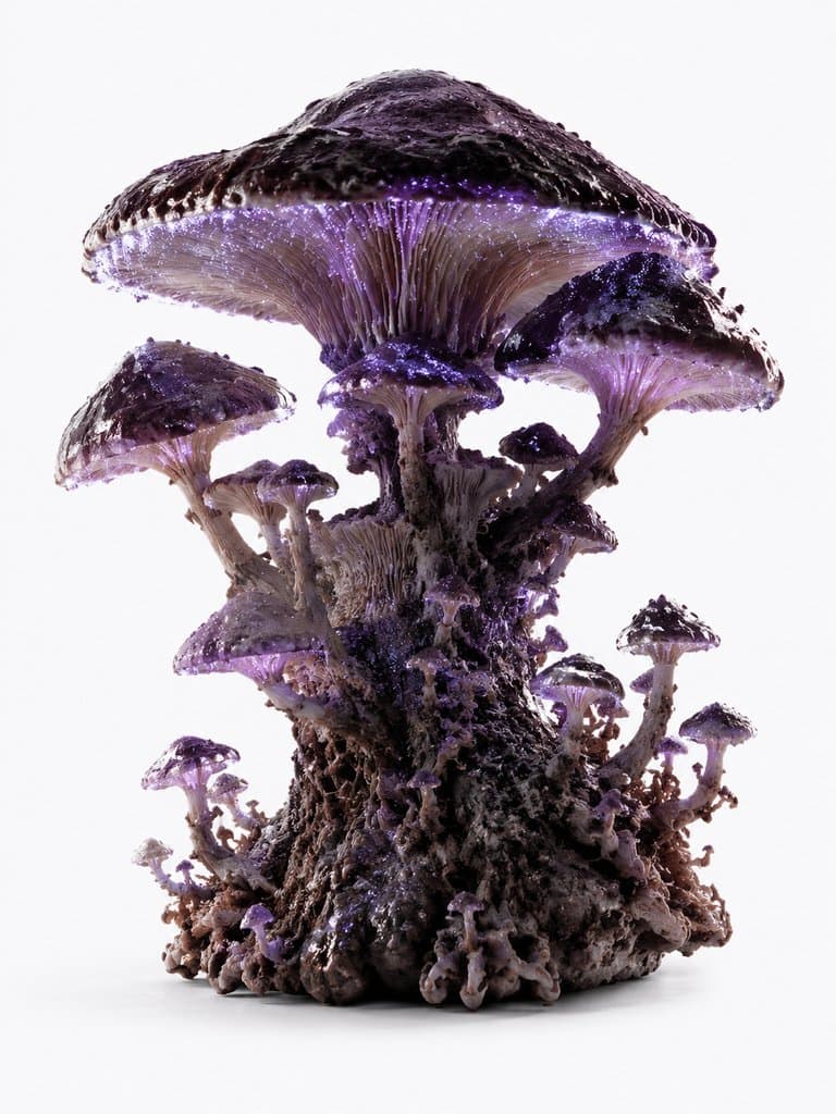 异星发光菌类，紫色伞盖成簇生长，硬科幻写实风格