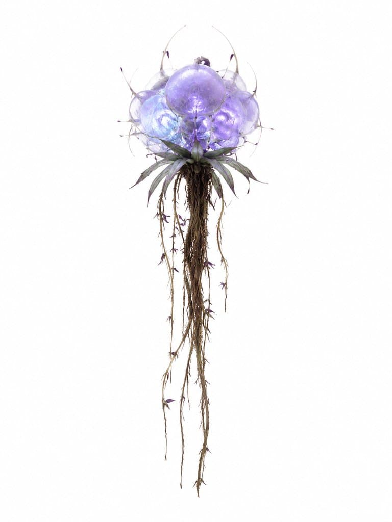 外星浮空植物，紫色发光球叶，根须垂落，梦幻硬科幻写实风格