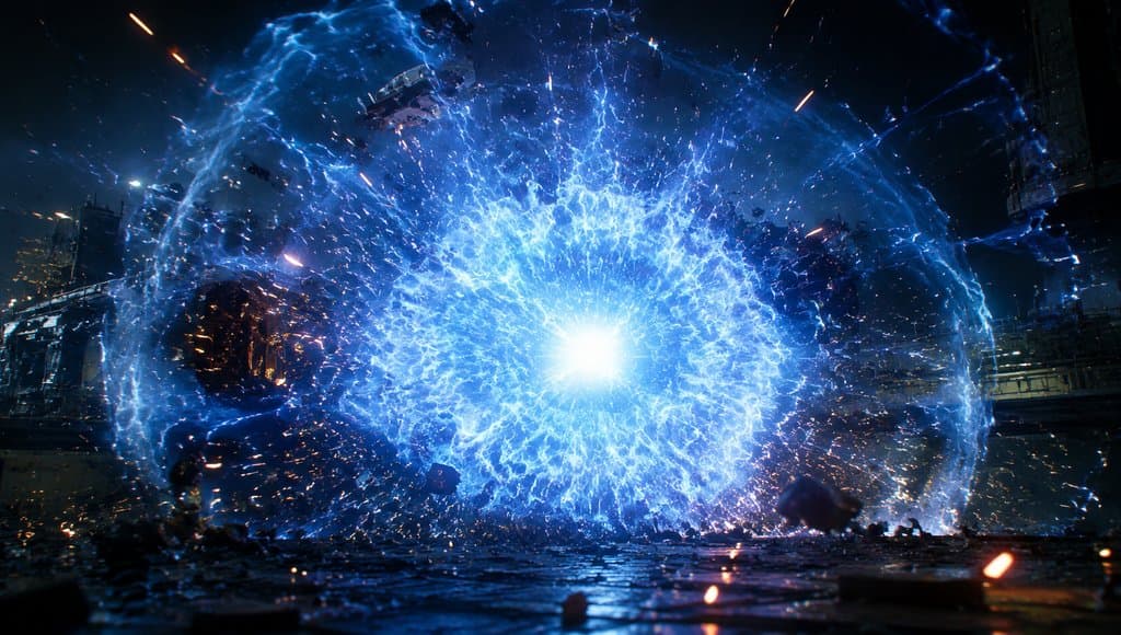 蓝色等离子爆炸光球，电弧四射，冲击波扩散，硬科幻写实风格