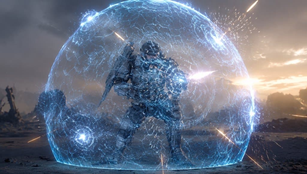 科幻战士被蓝色能量护盾包围，六边形光纹涟漪效果，硬科幻写实风格