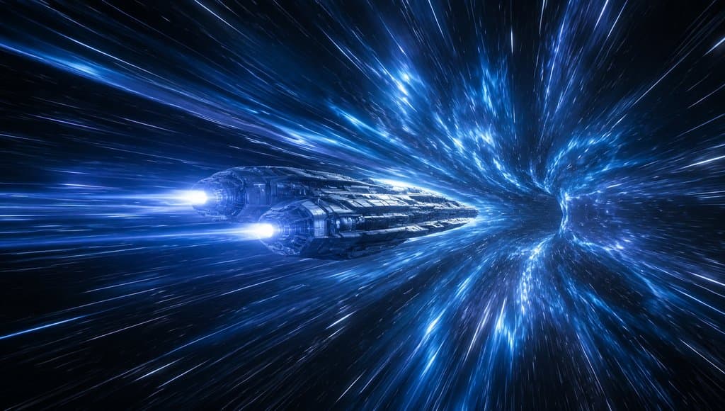 宇宙飞船在蓝色光隧道中高速跃迁，星光拉伸，硬科幻写实风格