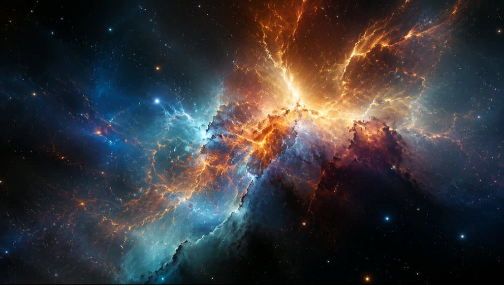 绚丽星云气体与彩色尘埃云交织，点缀星点，流动光影，硬科幻写实风格