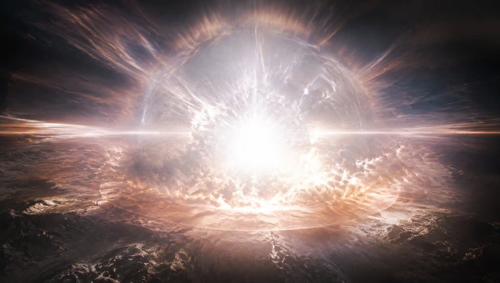 反物质湮灭瞬间，强白光爆炸与能量波辐射，硬科幻写实风格3D特效图