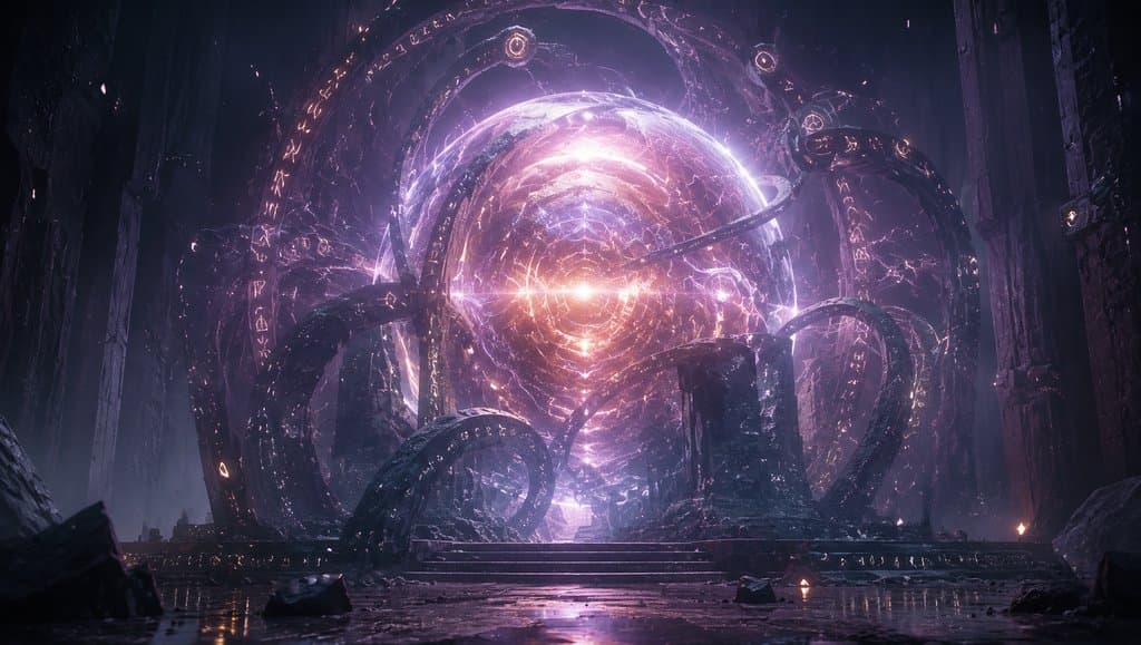 神秘外星能量光球，紫色符文环绕，硬科幻写实风格