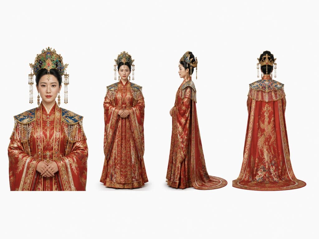 AI生成的皇后角色，身着织金翟衣与九凤冠点翠，霞帔垂落，古装宫廷写实风格
