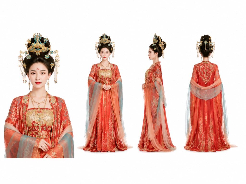AI生成的贵妃古装写实角色图，身着织金宫装，佩戴点翠步摇与披帛，展现唐代宫廷风韵