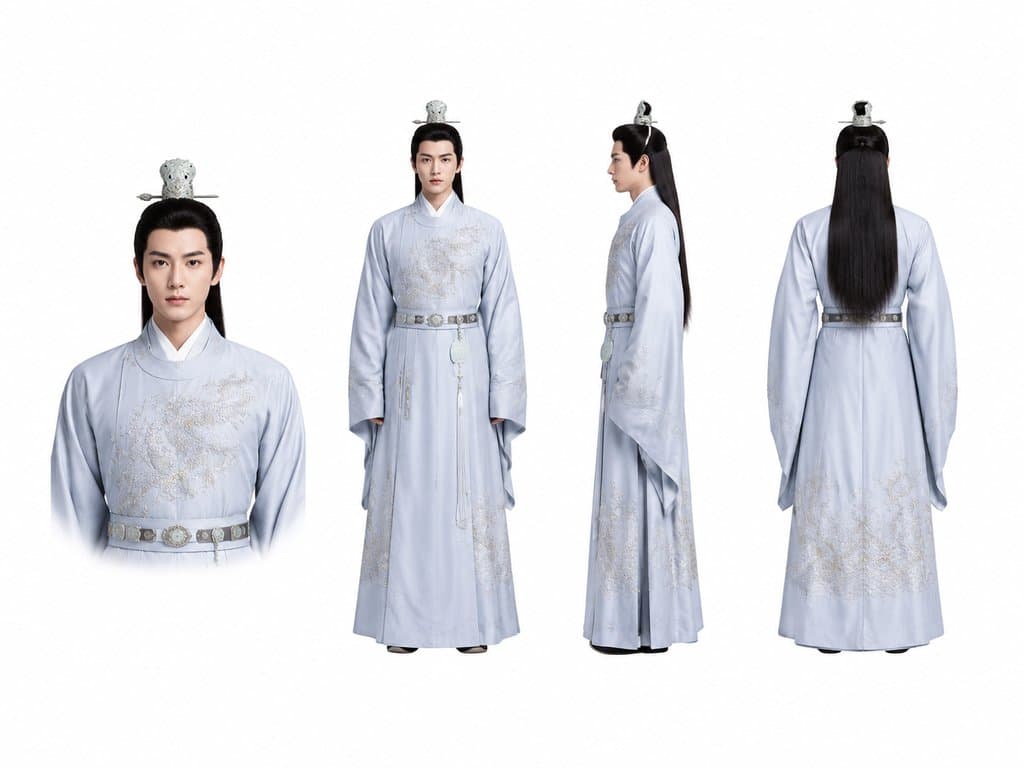 古装太子身穿绣龙常服，佩戴玉冠与玉佩，写实风格3D角色图