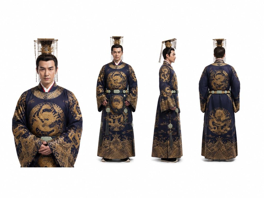 身穿蟒纹王袍的亲王，头戴九梁冠，佩戴玉带，古装宫廷写实风格