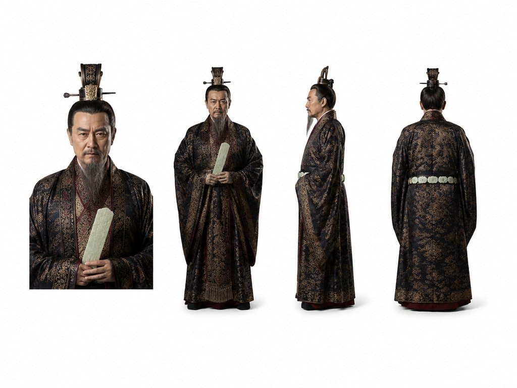 古装丞相权臣，身着锦朝服，手持玉笏板，长须飘逸，写实风格3D角色图