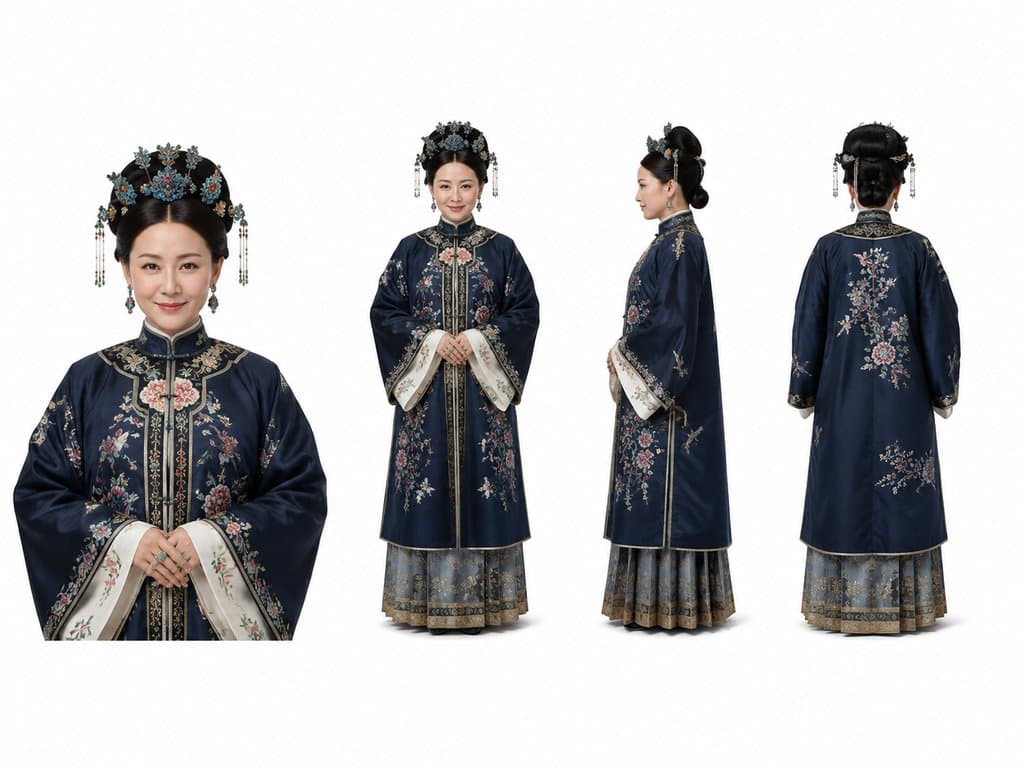 古装宫廷女性角色，石青色绣花褙子，点翠头饰，写实风格