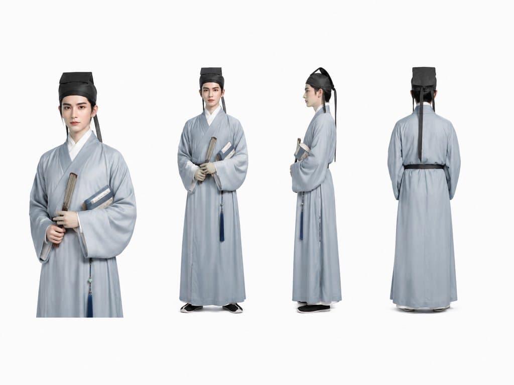 古装书生身穿青衫，头戴方巾，手持书卷，写实风格3D角色图