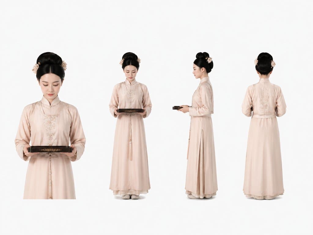 身穿藕色宫装的宫女，头戴宫花，手持托盘，古装宫廷写实风格