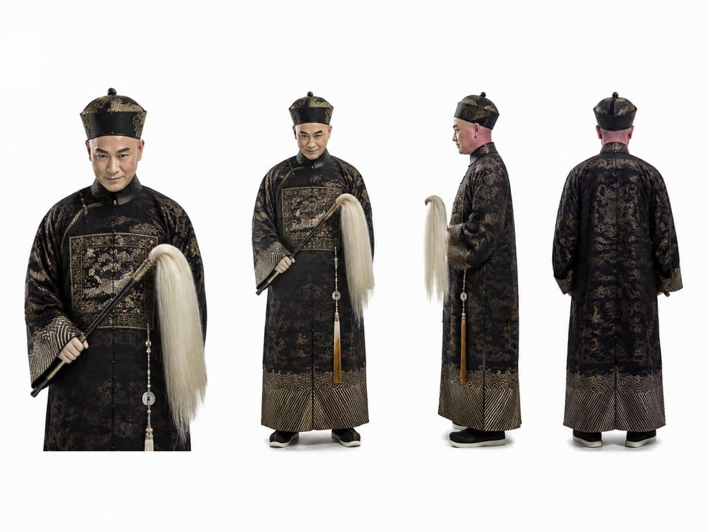 身穿蟒纹太监服的古装男性角色，手持拂尘，多角度展示，写实风格