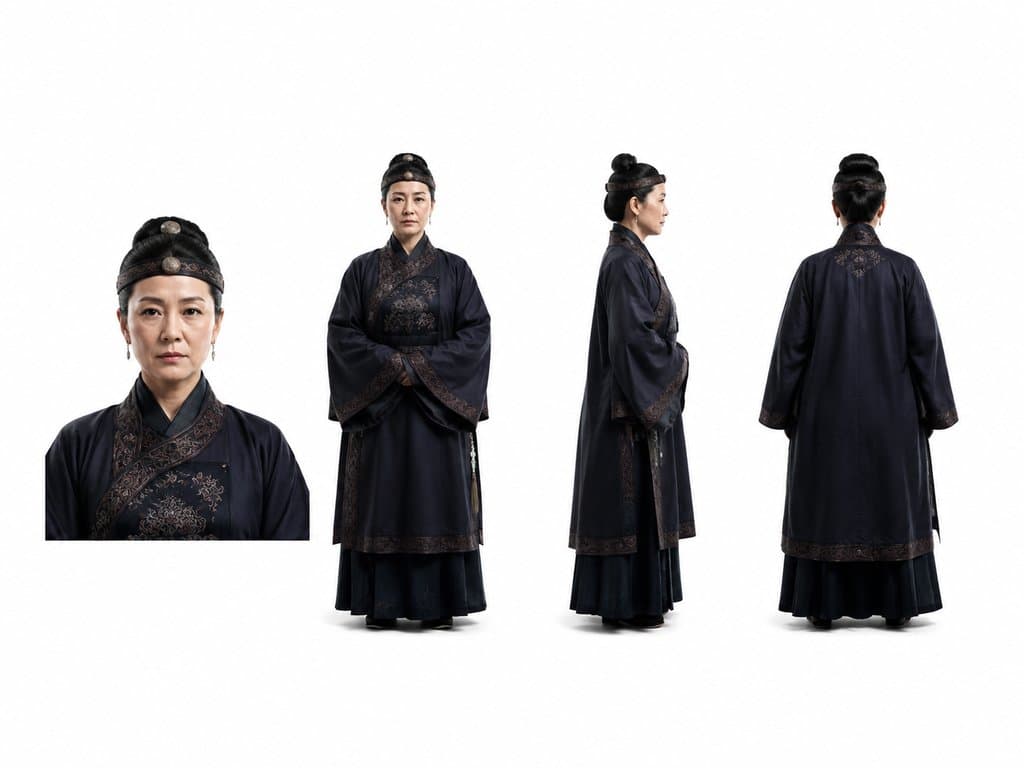 古装宫廷嬷嬷，身穿深色素宫装，佩戴抹额，神情严厉，写实风格3D角色图