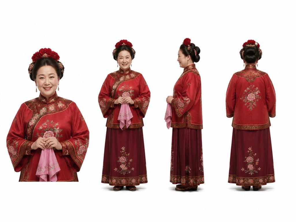 古装媒婆身穿大红袄，头戴绒花，手持粉色帕子，写实风格3D角色图
