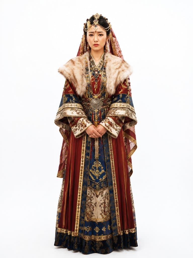 身着异域华服的和亲公主，头戴珠饰头面，神情凝重，古装宫廷写实风格