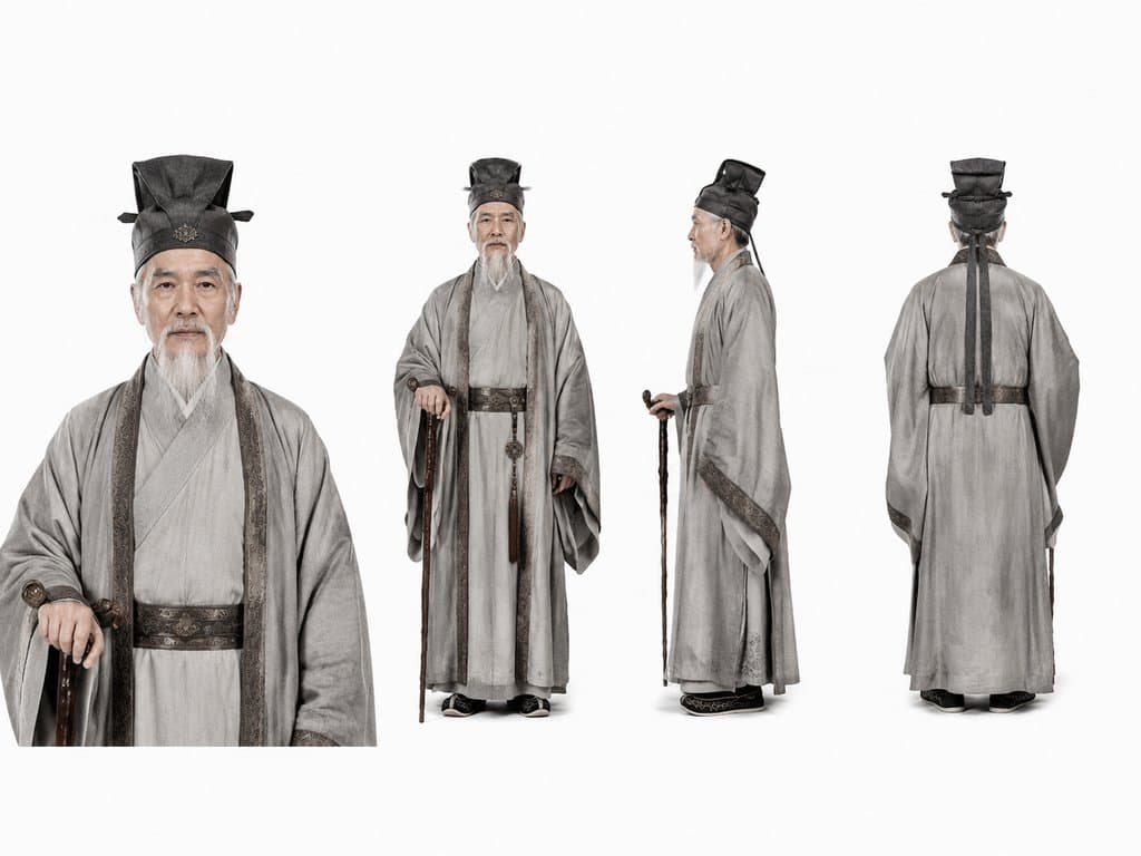 古装帝师老臣，白须长袍，手持拐杖，方巾深衣，写实风格