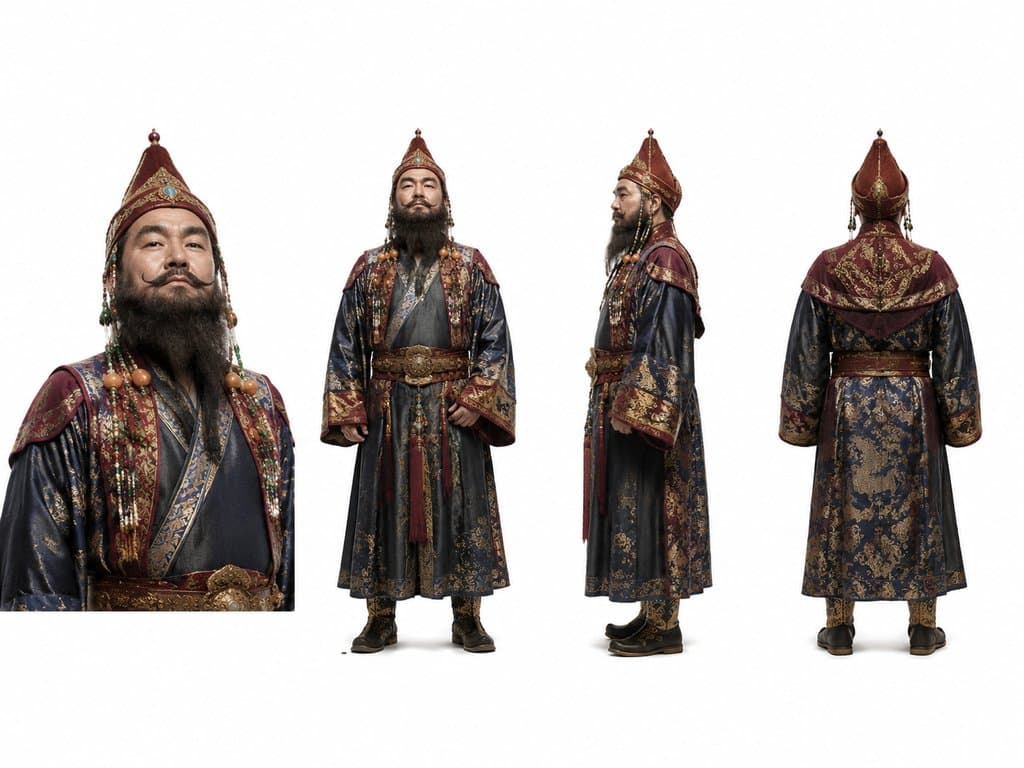 番邦使臣身着异域锦袍，头戴高帽珠饰，胡须浓密，神情傲慢，古装宫廷写实风格