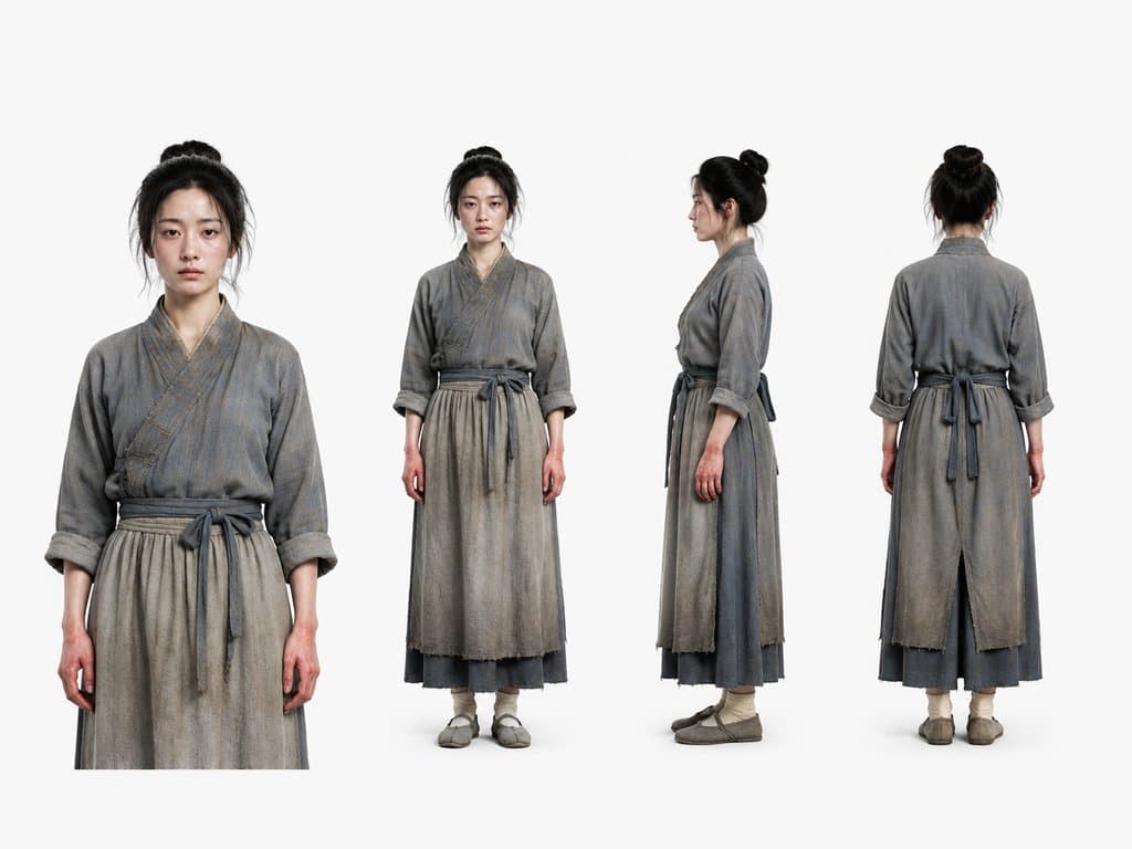 古装宫廷浣衣宫女，粗布旧裙，红肿双手，写实风格3D角色图