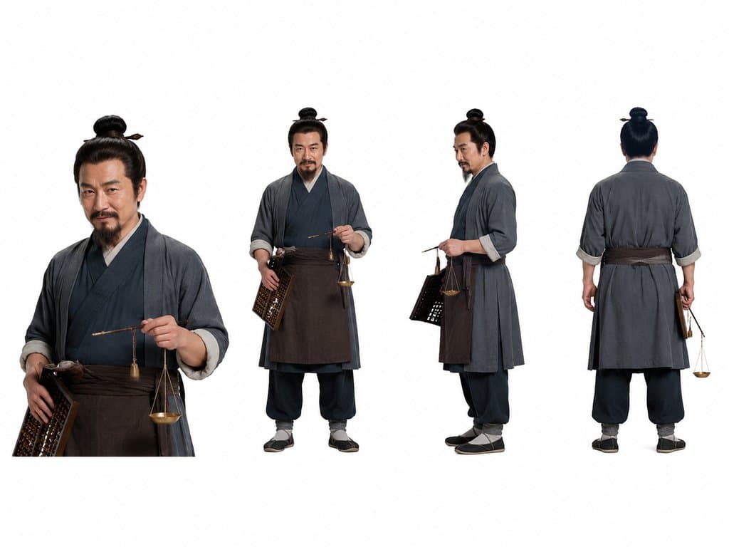 古装药铺老板，身着青布短褐，手持算盘与戥子，写实风格3D角色图