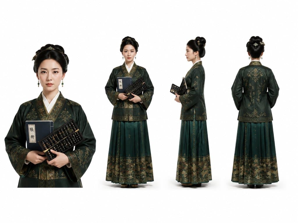 古装绣庄掌柜娘子，身着绫罗袄裙，手持算盘与账册，写实风格3D角色图