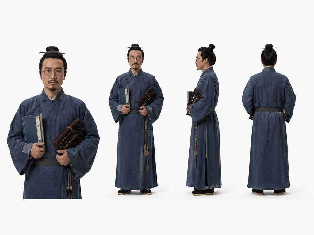 古装帐房先生手持算盘与账本，青衫长袍，戴眼镜，写实风格3D角色图