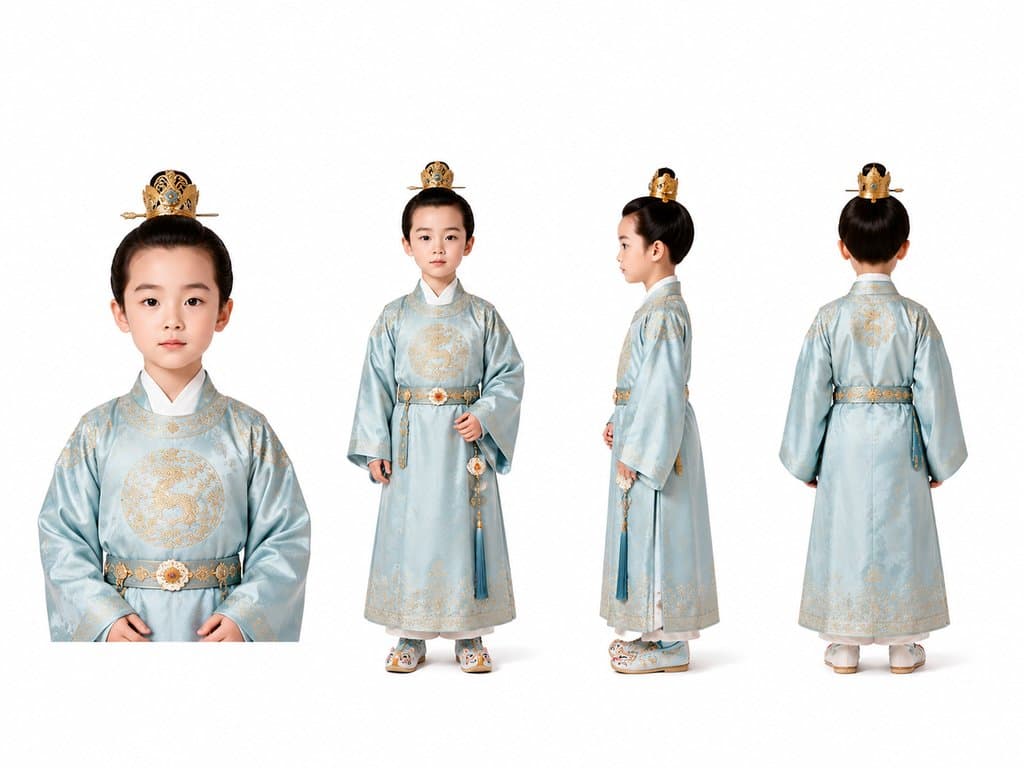 年幼嫡子身穿浅蓝锦衣，头戴小冠，脚踏虎头鞋，古装宫廷写实风格