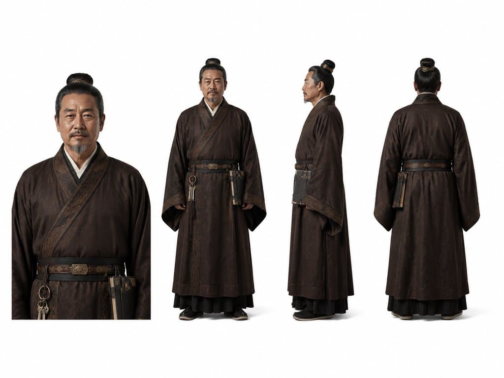 和善老管家身穿深褐长袍，佩戴钥匙串，古装宫廷写实风格3D角色图